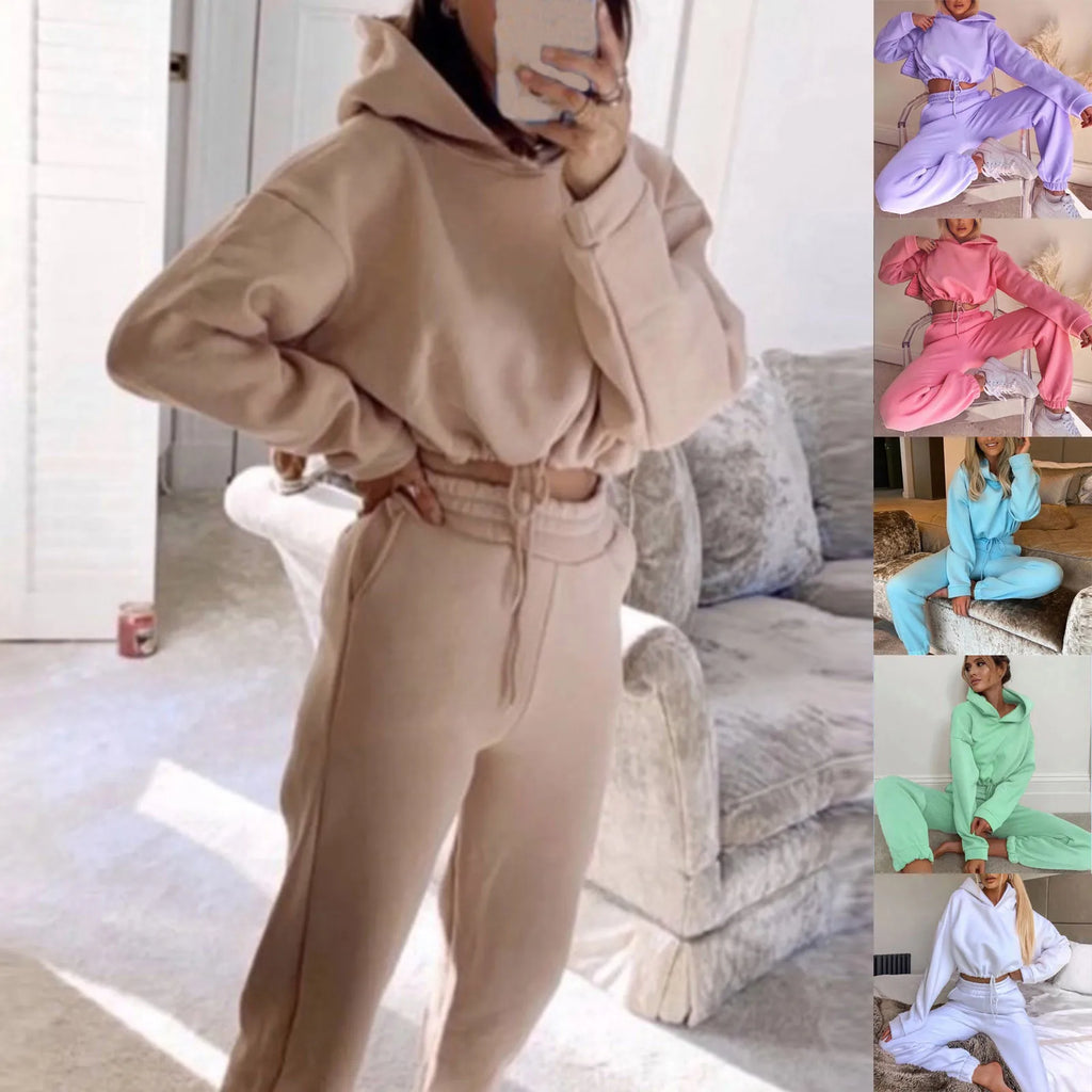 S-XXL Women's Winter Sportswear Set Oversized Hoodie and Sweatpants Solid Color Above Knee Length Casual Short Tops.                            M.Esk