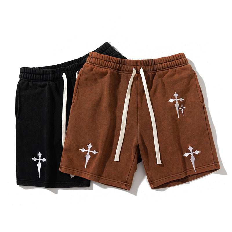 Hot-Selling Hit! 2026 Summer Trendy Brand Embroidered Cross Washed Vintage Casual Shorts Unisex Loose Fit Sports Shorts.         M.Esk