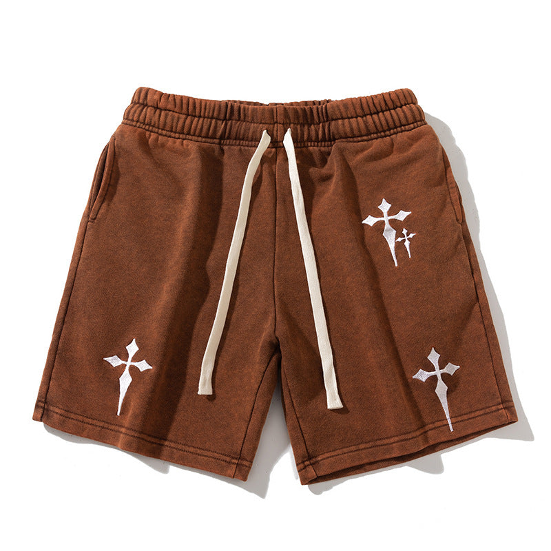 Hot-Selling Hit! 2026 Summer Trendy Brand Embroidered Cross Washed Vintage Casual Shorts Unisex Loose Fit Sports Shorts.         M.Esk