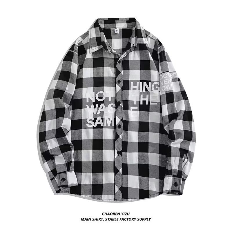 Letter printed plaid shirt men's spring and summer fast hand online celebrity same slim-fit long sleeve shirt thin coat fashion.          M.Esk