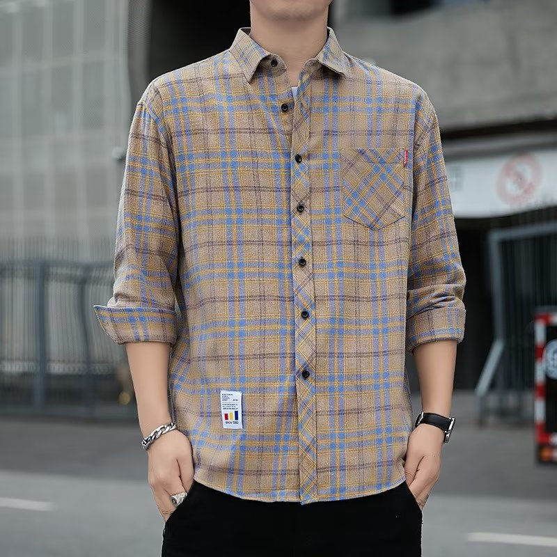 Men's Plaid Shirt Early Autumn Top Trendy All-match Long-sleeved Shirt Spring and Autumn Hong Kong Style Japanese Style Duffy Handsome Men's Jacket.       M.Esk