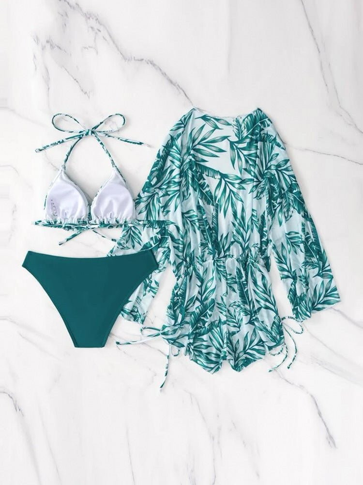 2026 New European and American Amazon Cross-border Three-piece Bikini Beach Sunscreen Printed Drawstring Blouse Swimwear for Women.           M.Esk