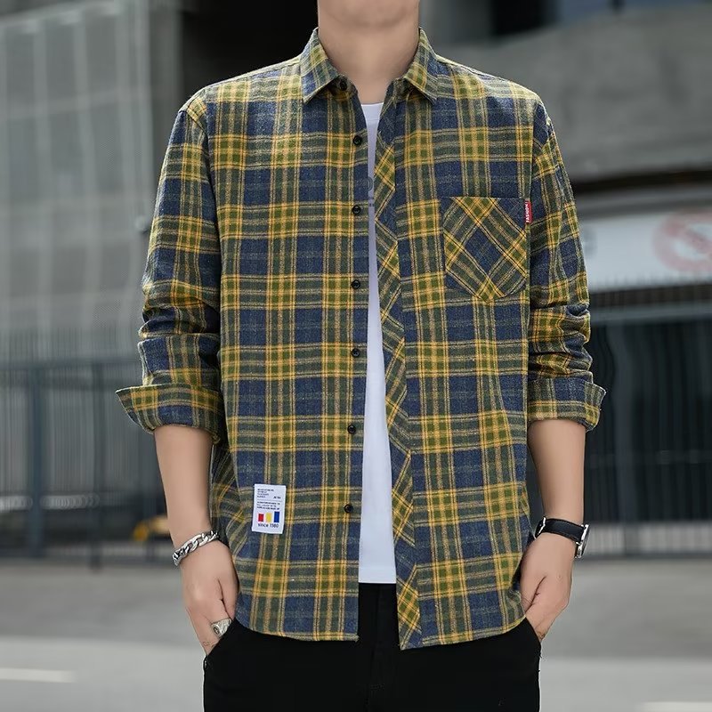 Men's Plaid Shirt Early Autumn Top Trendy All-match Long-sleeved Shirt Spring and Autumn Hong Kong Style Japanese Style Duffy Handsome Men's Jacket.       M.Esk