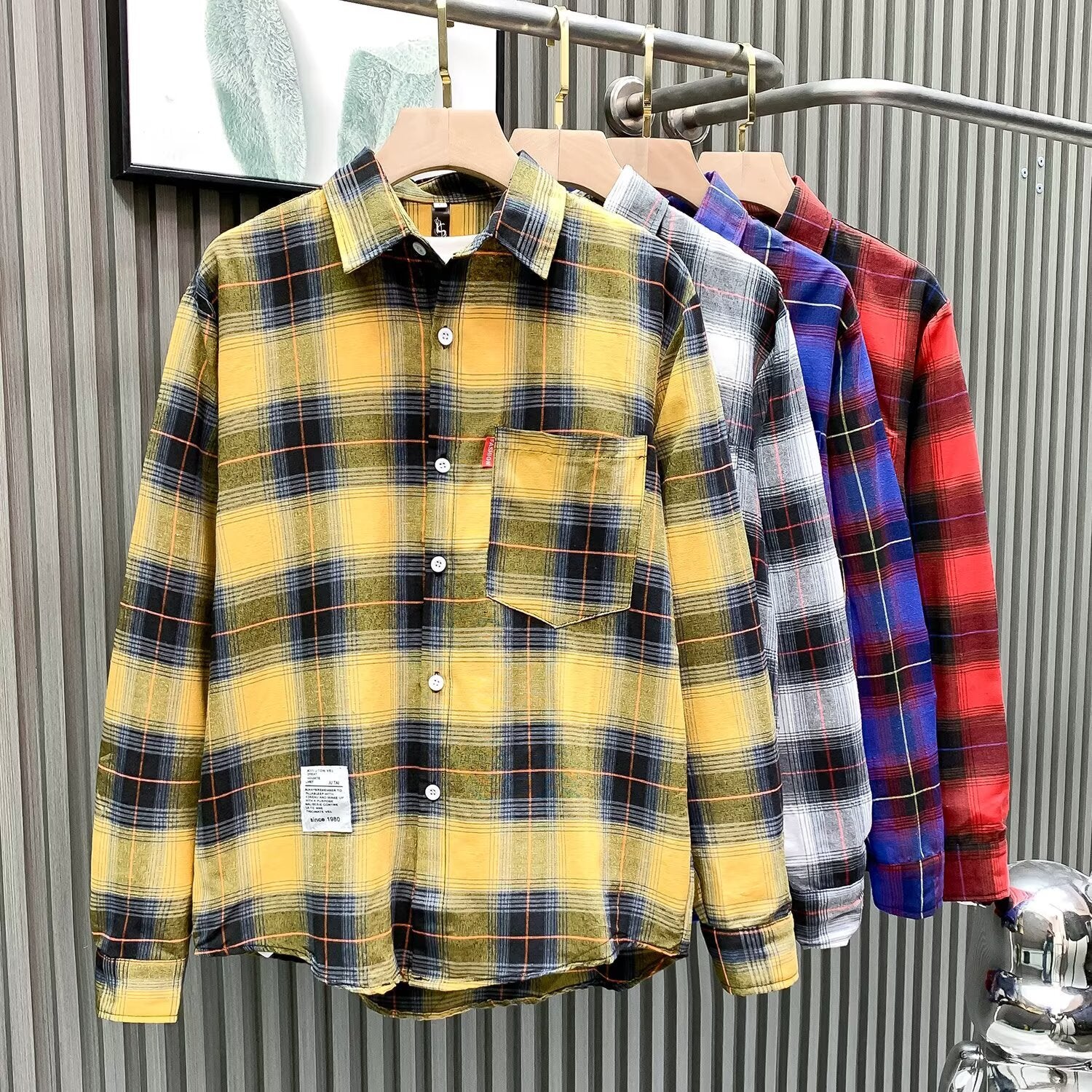 Letter printed plaid shirt men's spring and summer fast hand online celebrity same slim-fit long sleeve shirt thin coat fashion.          M.Esk