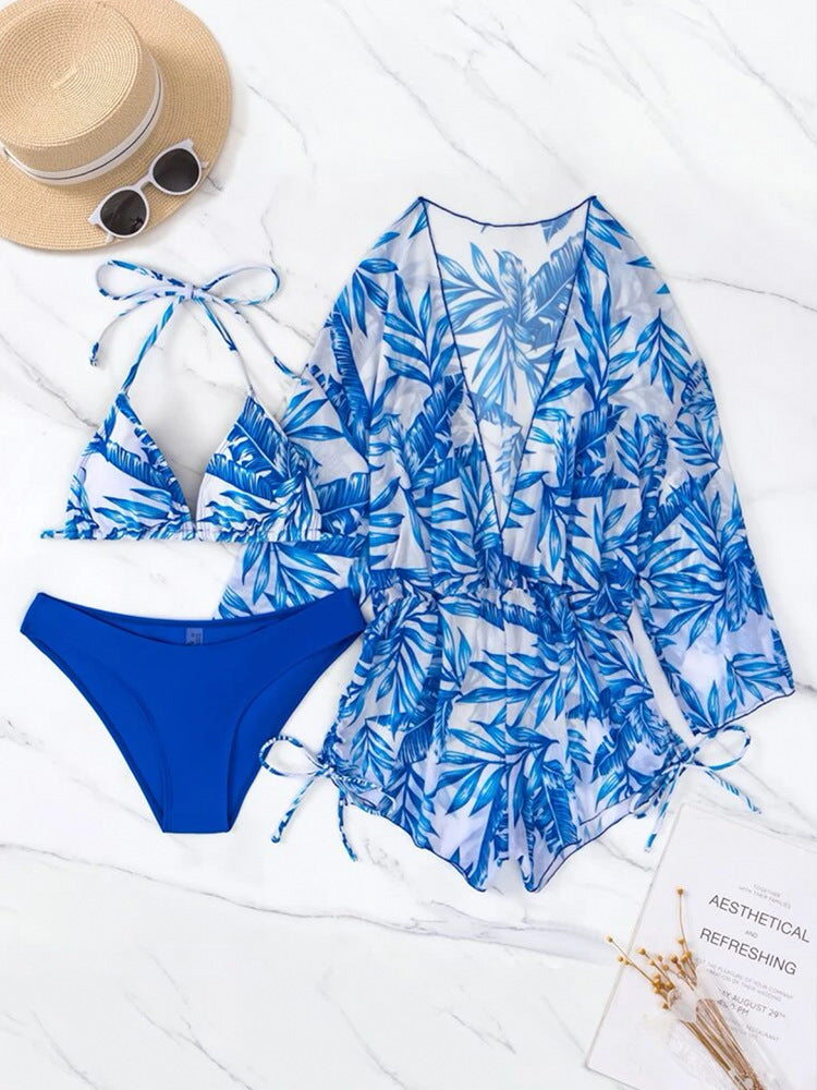 2026 New European and American Amazon Cross-border Three-piece Bikini Beach Sunscreen Printed Drawstring Blouse Swimwear for Women.           M.Esk