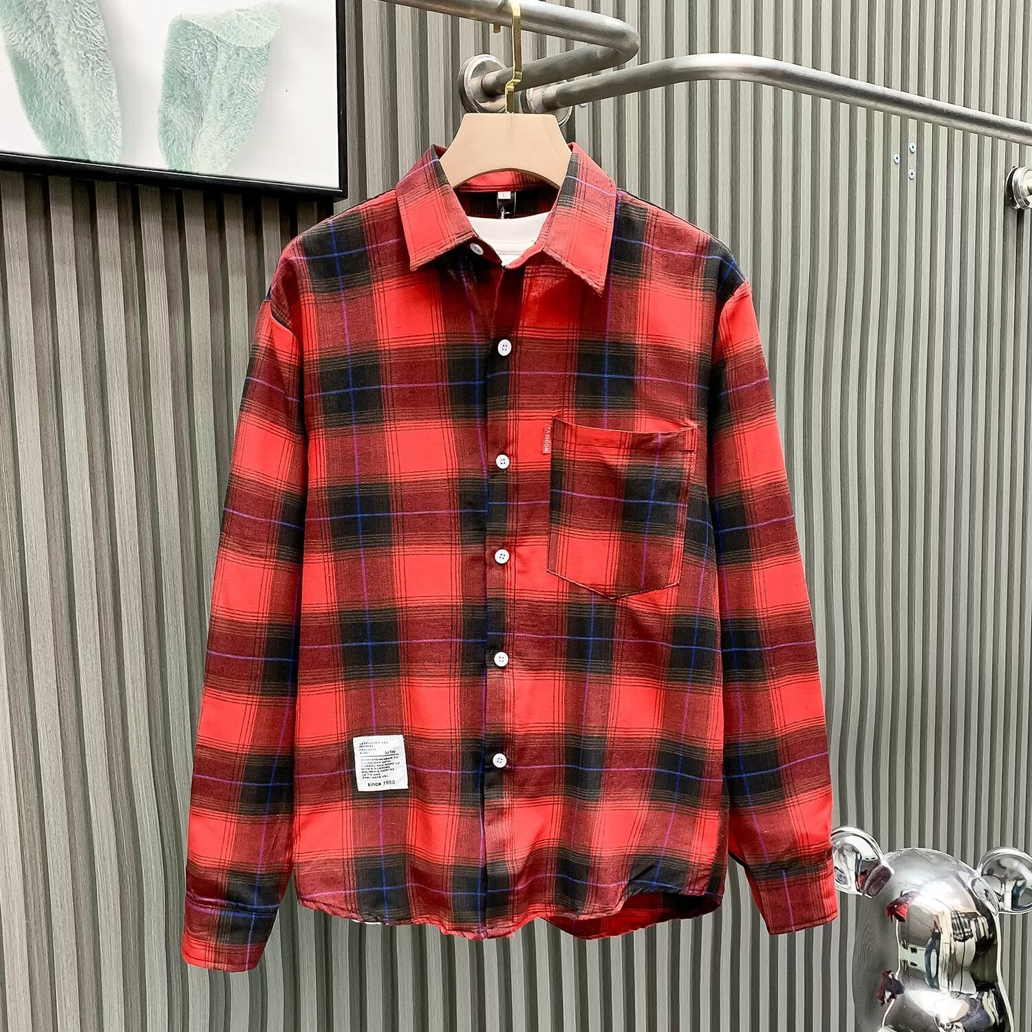 Letter printed plaid shirt men's spring and summer fast hand online celebrity same slim-fit long sleeve shirt thin coat fashion.          M.Esk