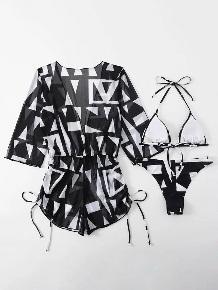 2026 New European and American Amazon Cross-border Three-piece Bikini Beach Sunscreen Printed Drawstring Blouse Swimwear for Women.           M.Esk