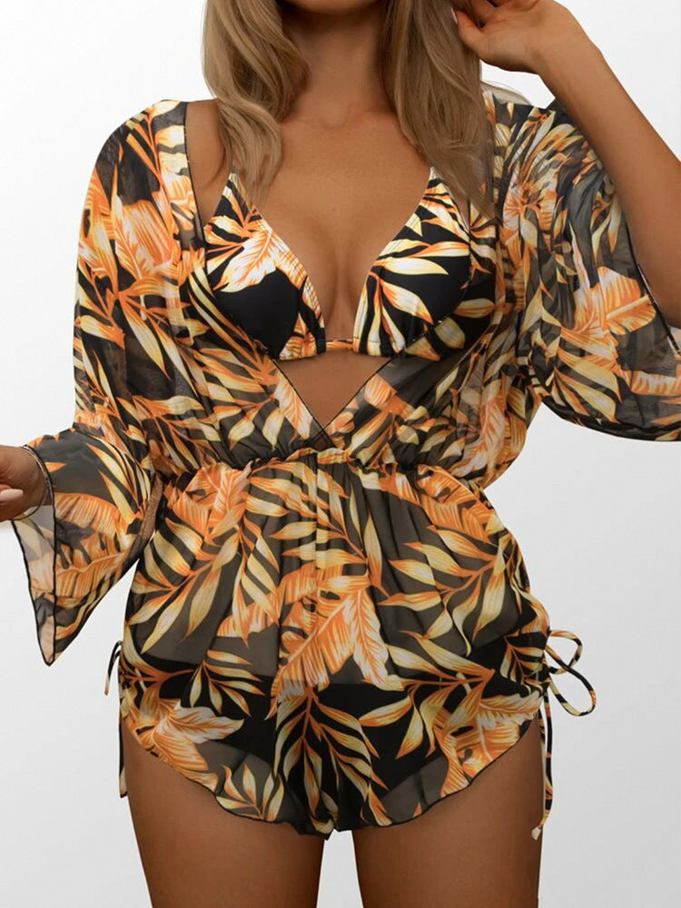 2026 New European and American Amazon Cross-border Three-piece Bikini Beach Sunscreen Printed Drawstring Blouse Swimwear for Women.           M.Esk