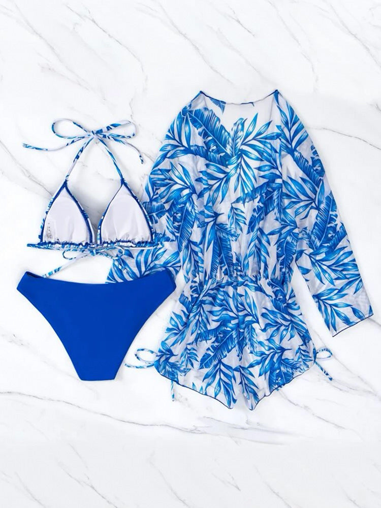 2026 New European and American Amazon Cross-border Three-piece Bikini Beach Sunscreen Printed Drawstring Blouse Swimwear for Women.           M.Esk