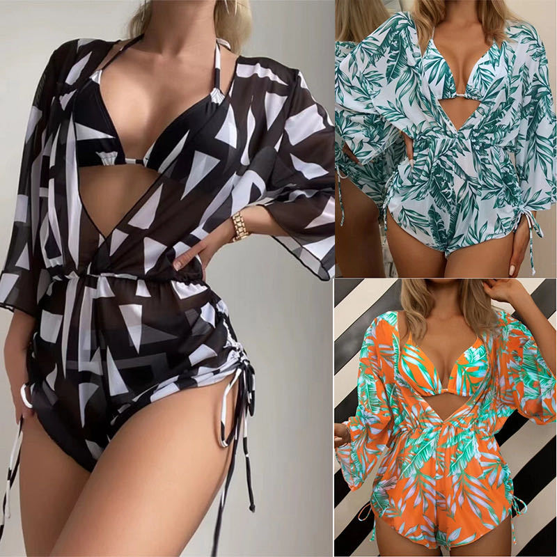 2026 New European and American Amazon Cross-border Three-piece Bikini Beach Sunscreen Printed Drawstring Blouse Swimwear for Women.           M.Esk