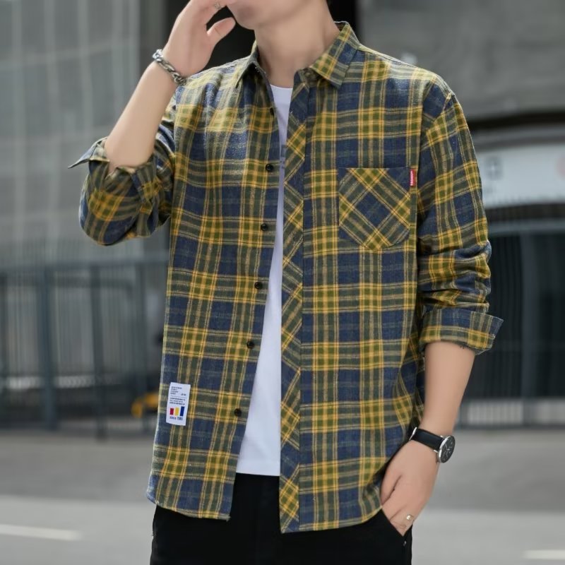 Men's Plaid Shirt Early Autumn Top Trendy All-match Long-sleeved Shirt Spring and Autumn Hong Kong Style Japanese Style Duffy Handsome Men's Jacket.       M.Esk