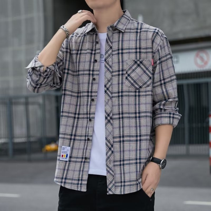 Men's Plaid Shirt Early Autumn Top Trendy All-match Long-sleeved Shirt Spring and Autumn Hong Kong Style Japanese Style Duffy Handsome Men's Jacket.       M.Esk