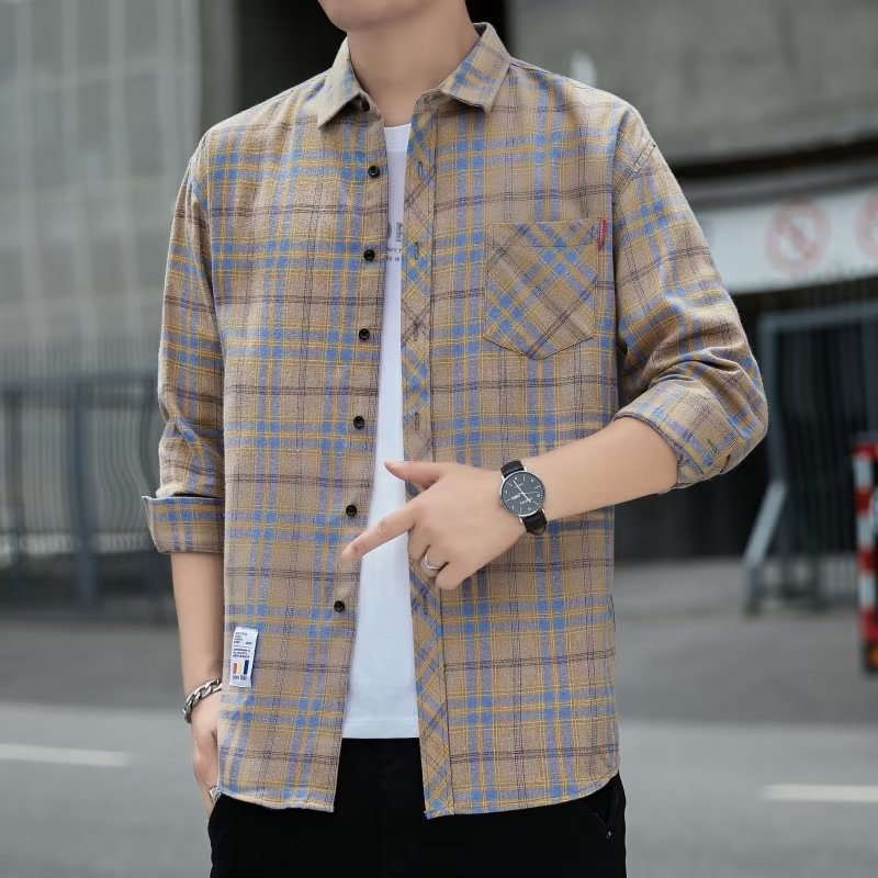 Men's Plaid Shirt Early Autumn Top Trendy All-match Long-sleeved Shirt Spring and Autumn Hong Kong Style Japanese Style Duffy Handsome Men's Jacket.       M.Esk