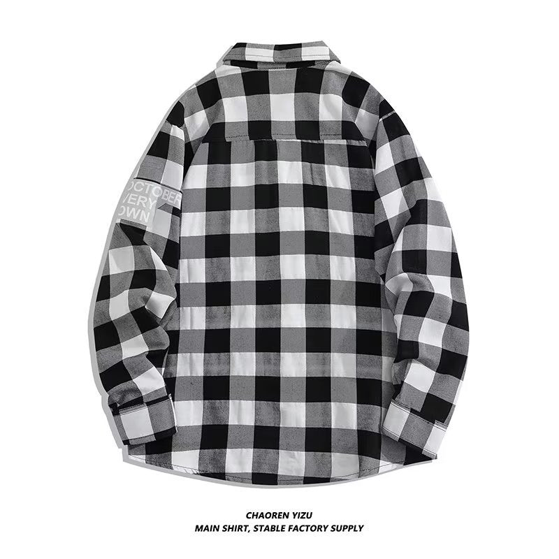 Letter printed plaid shirt men's spring and summer fast hand online celebrity same slim-fit long sleeve shirt thin coat fashion.          M.Esk