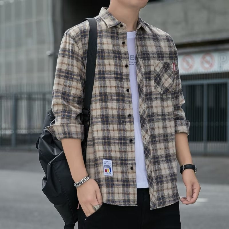Men's Plaid Shirt Early Autumn Top Trendy All-match Long-sleeved Shirt Spring and Autumn Hong Kong Style Japanese Style Duffy Handsome Men's Jacket.       M.Esk