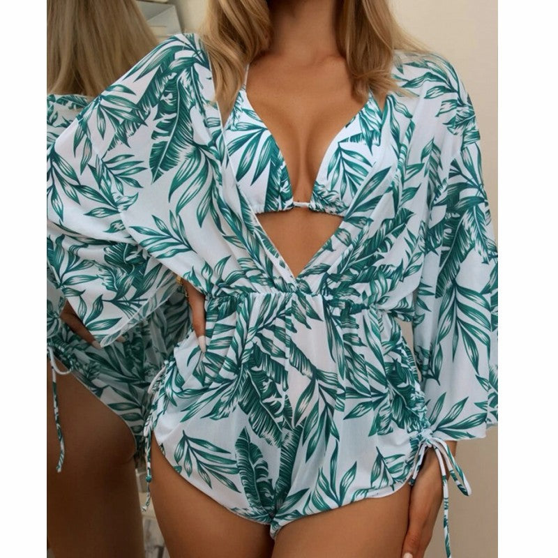 2026 New European and American Amazon Cross-border Three-piece Bikini Beach Sunscreen Printed Drawstring Blouse Swimwear for Women.           M.Esk