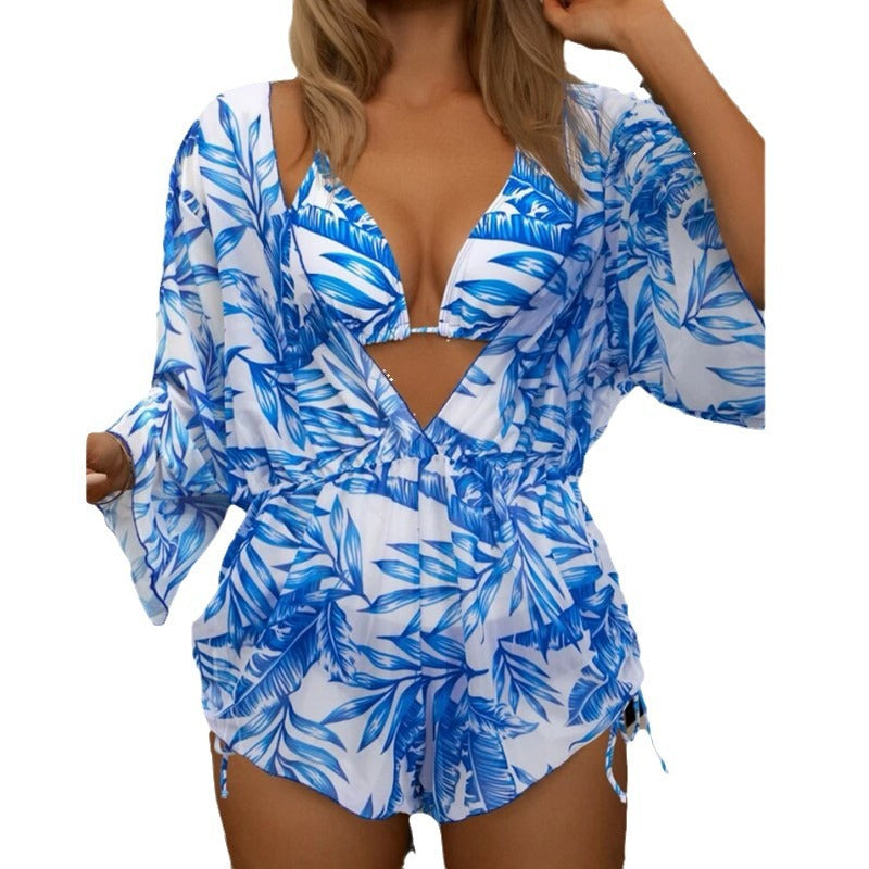 2026 New European and American Amazon Cross-border Three-piece Bikini Beach Sunscreen Printed Drawstring Blouse Swimwear for Women.           M.Esk