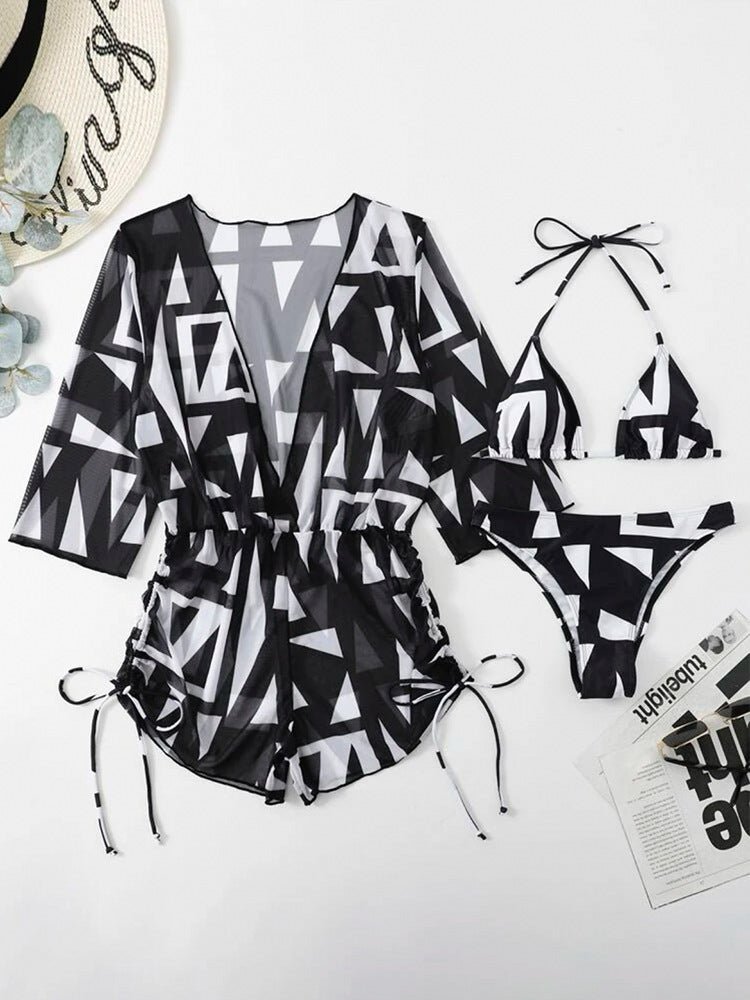 2026 New European and American Amazon Cross-border Three-piece Bikini Beach Sunscreen Printed Drawstring Blouse Swimwear for Women.           M.Esk