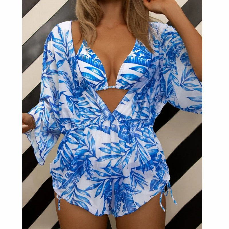 2026 New European and American Amazon Cross-border Three-piece Bikini Beach Sunscreen Printed Drawstring Blouse Swimwear for Women.           M.Esk