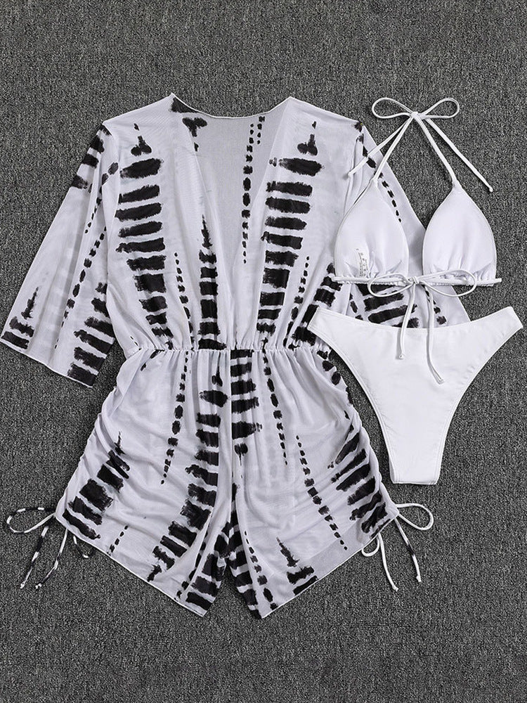 2026 New European and American Amazon Cross-border Three-piece Bikini Beach Sunscreen Printed Drawstring Blouse Swimwear for Women.           M.Esk