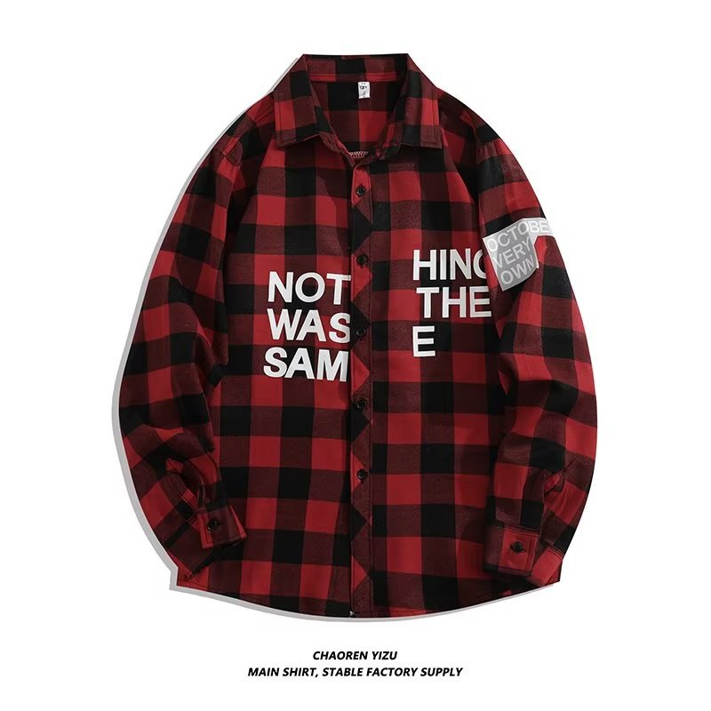 Letter printed plaid shirt men's spring and summer fast hand online celebrity same slim-fit long sleeve shirt thin coat fashion.          M.Esk