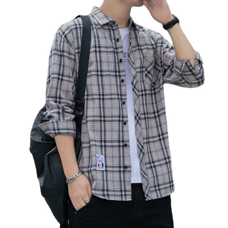 Men's Plaid Shirt Early Autumn Top Trendy All-match Long-sleeved Shirt Spring and Autumn Hong Kong Style Japanese Style Duffy Handsome Men's Jacket.       M.Esk