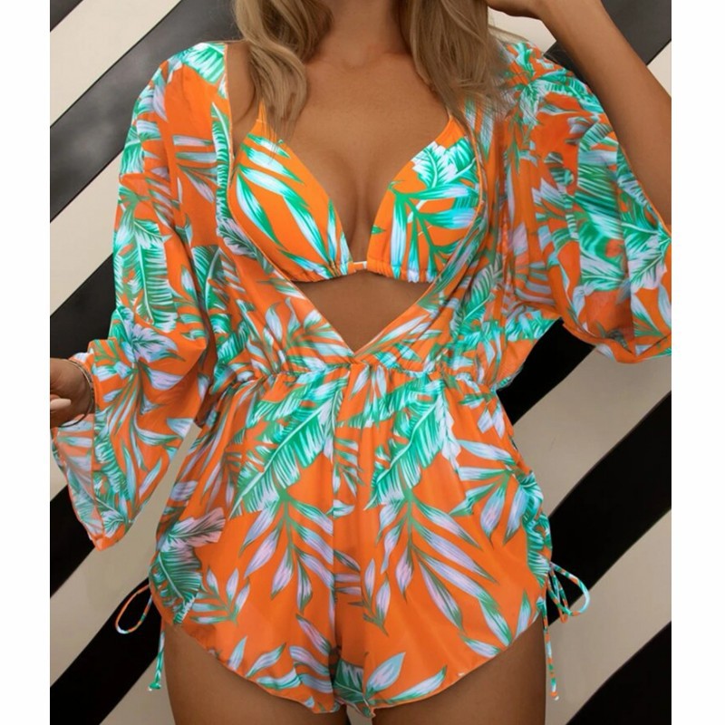 2026 New European and American Amazon Cross-border Three-piece Bikini Beach Sunscreen Printed Drawstring Blouse Swimwear for Women.           M.Esk