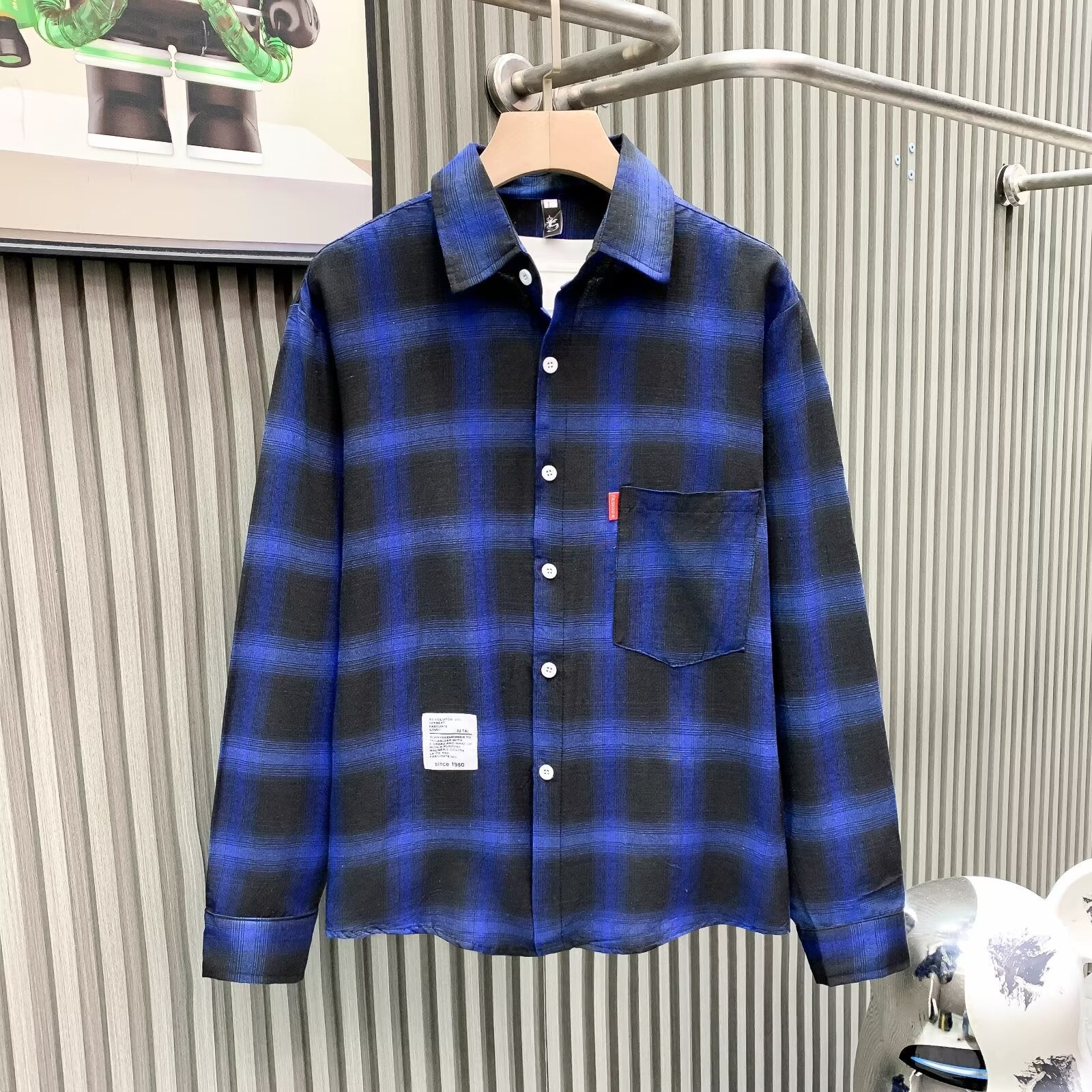 Letter printed plaid shirt men's spring and summer fast hand online celebrity same slim-fit long sleeve shirt thin coat fashion.          M.Esk