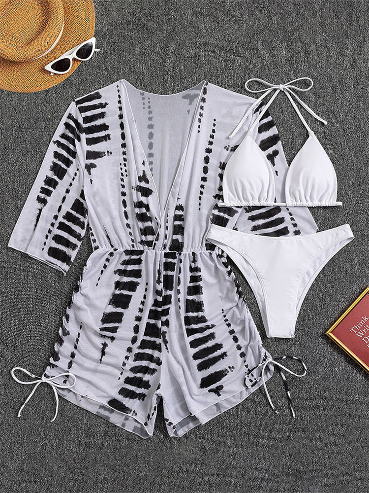 2026 New European and American Amazon Cross-border Three-piece Bikini Beach Sunscreen Printed Drawstring Blouse Swimwear for Women.           M.Esk