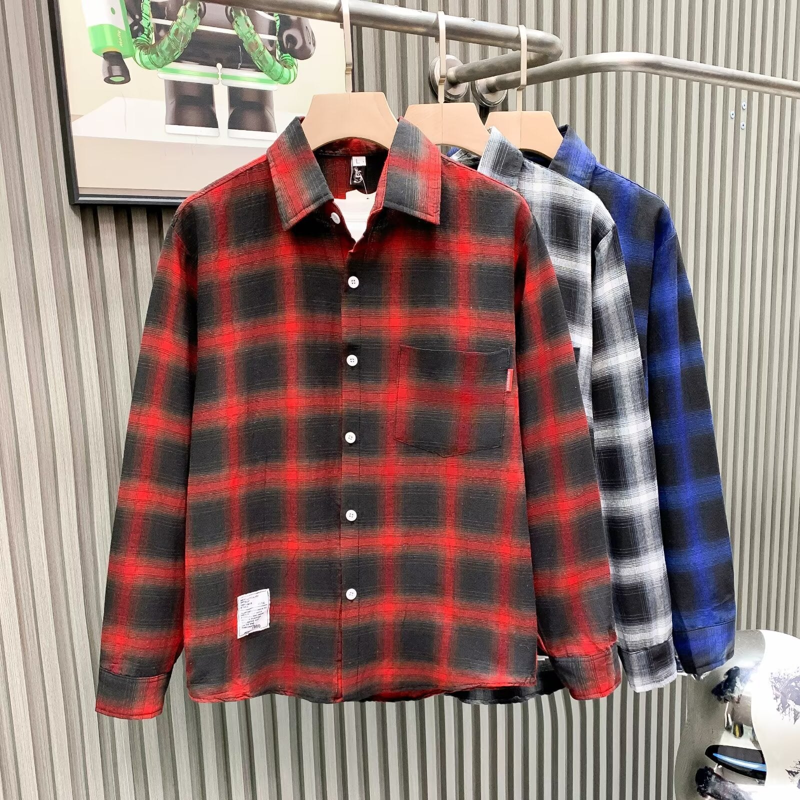 Letter printed plaid shirt men's spring and summer fast hand online celebrity same slim-fit long sleeve shirt thin coat fashion.          M.Esk