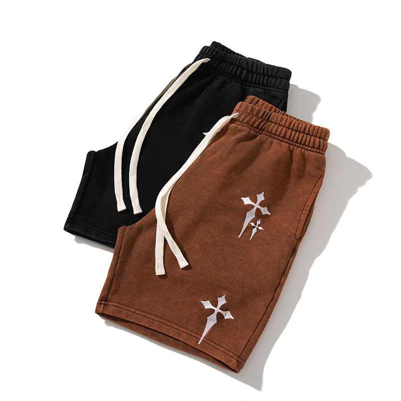 Hot-Selling Hit! 2026 Summer Trendy Brand Embroidered Cross Washed Vintage Casual Shorts Unisex Loose Fit Sports Shorts.         M.Esk
