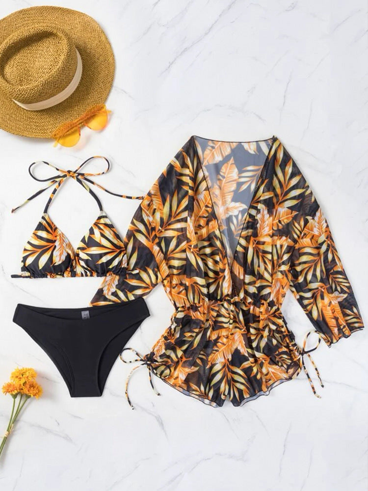 2026 New European and American Amazon Cross-border Three-piece Bikini Beach Sunscreen Printed Drawstring Blouse Swimwear for Women.           M.Esk