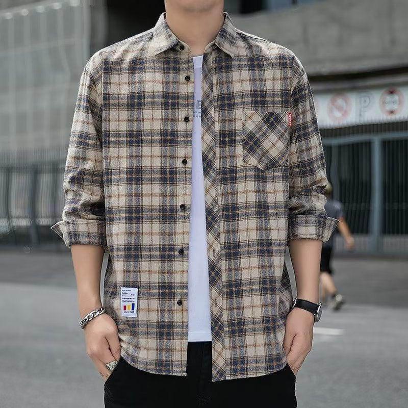 Men's Plaid Shirt Early Autumn Top Trendy All-match Long-sleeved Shirt Spring and Autumn Hong Kong Style Japanese Style Duffy Handsome Men's Jacket.       M.Esk