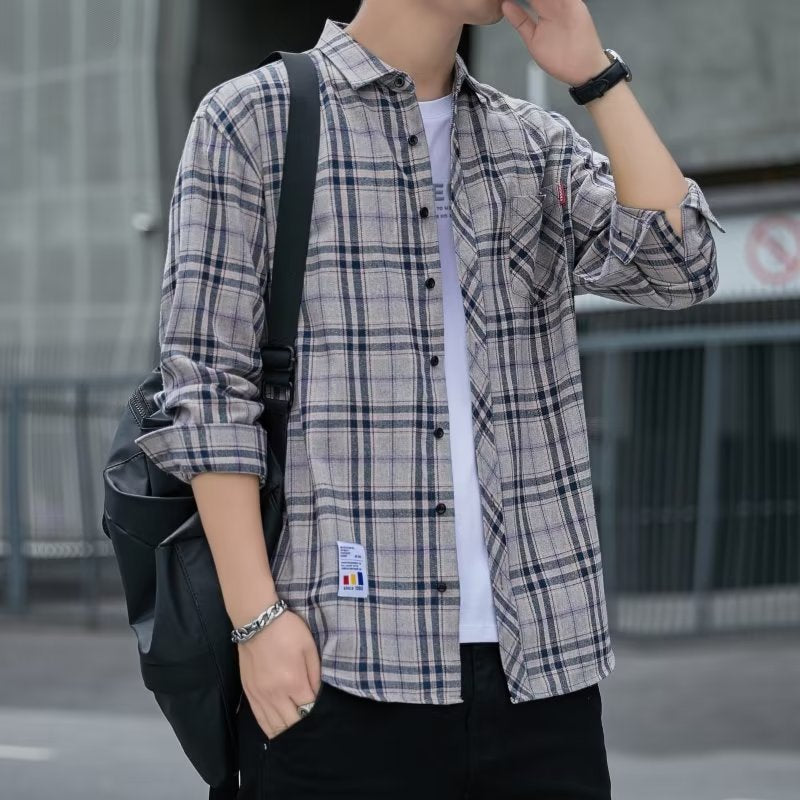 Men's Plaid Shirt Early Autumn Top Trendy All-match Long-sleeved Shirt Spring and Autumn Hong Kong Style Japanese Style Duffy Handsome Men's Jacket.       M.Esk