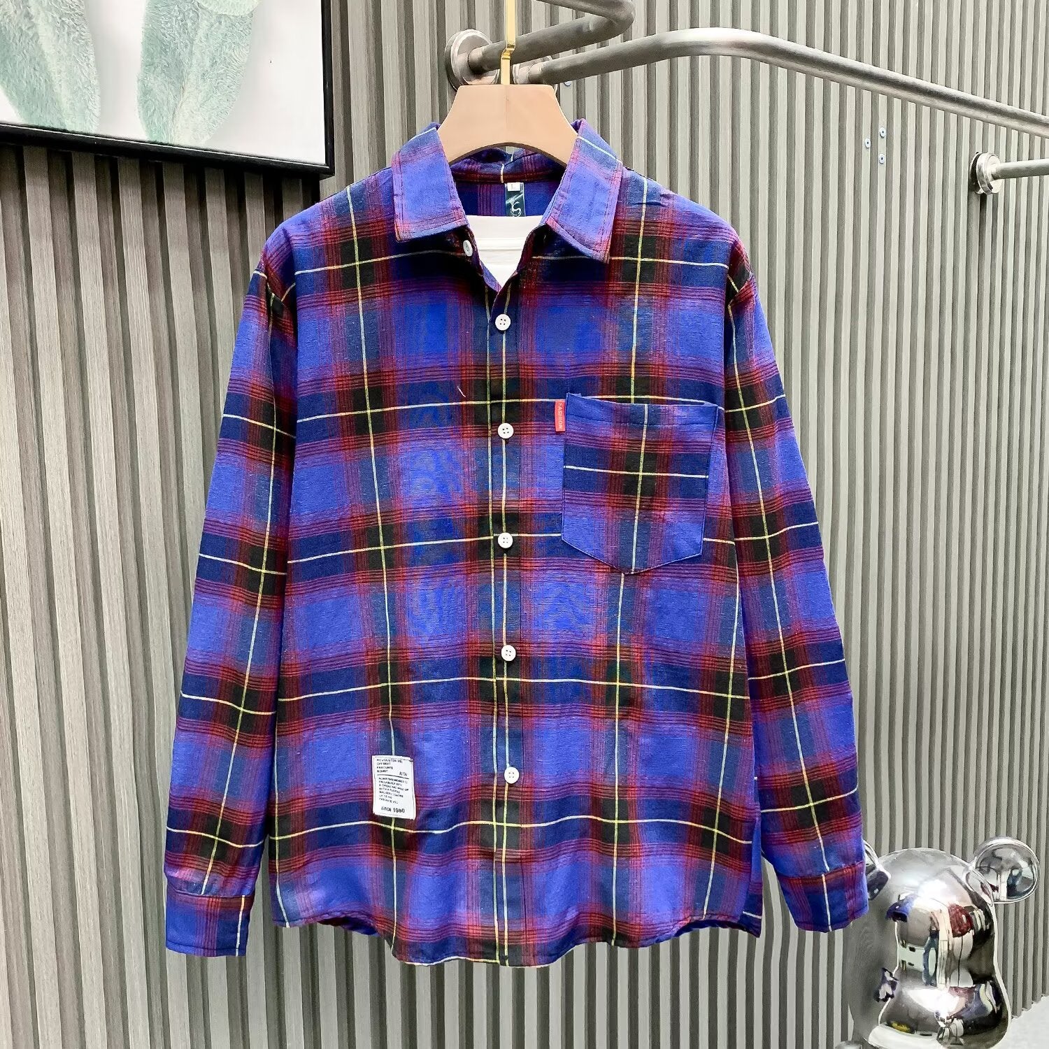 Letter printed plaid shirt men's spring and summer fast hand online celebrity same slim-fit long sleeve shirt thin coat fashion.          M.Esk