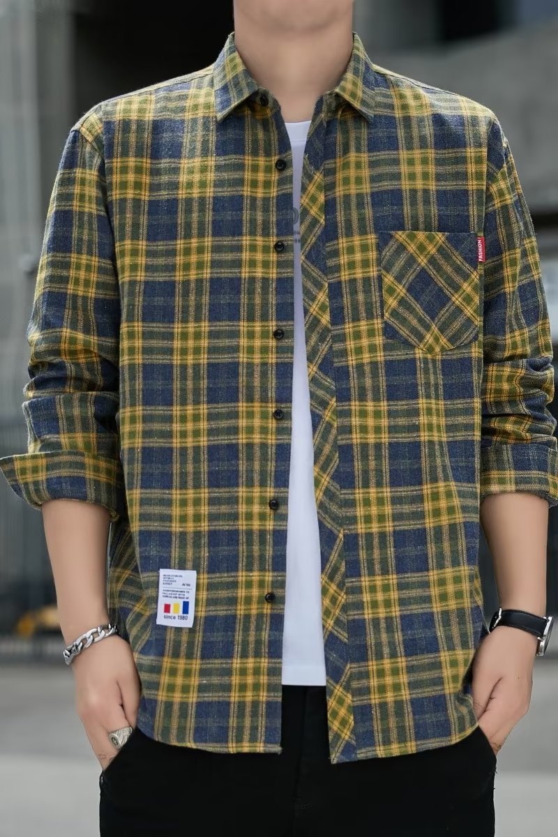 Men's Plaid Shirt Early Autumn Top Trendy All-match Long-sleeved Shirt Spring and Autumn Hong Kong Style Japanese Style Duffy Handsome Men's Jacket.       M.Esk