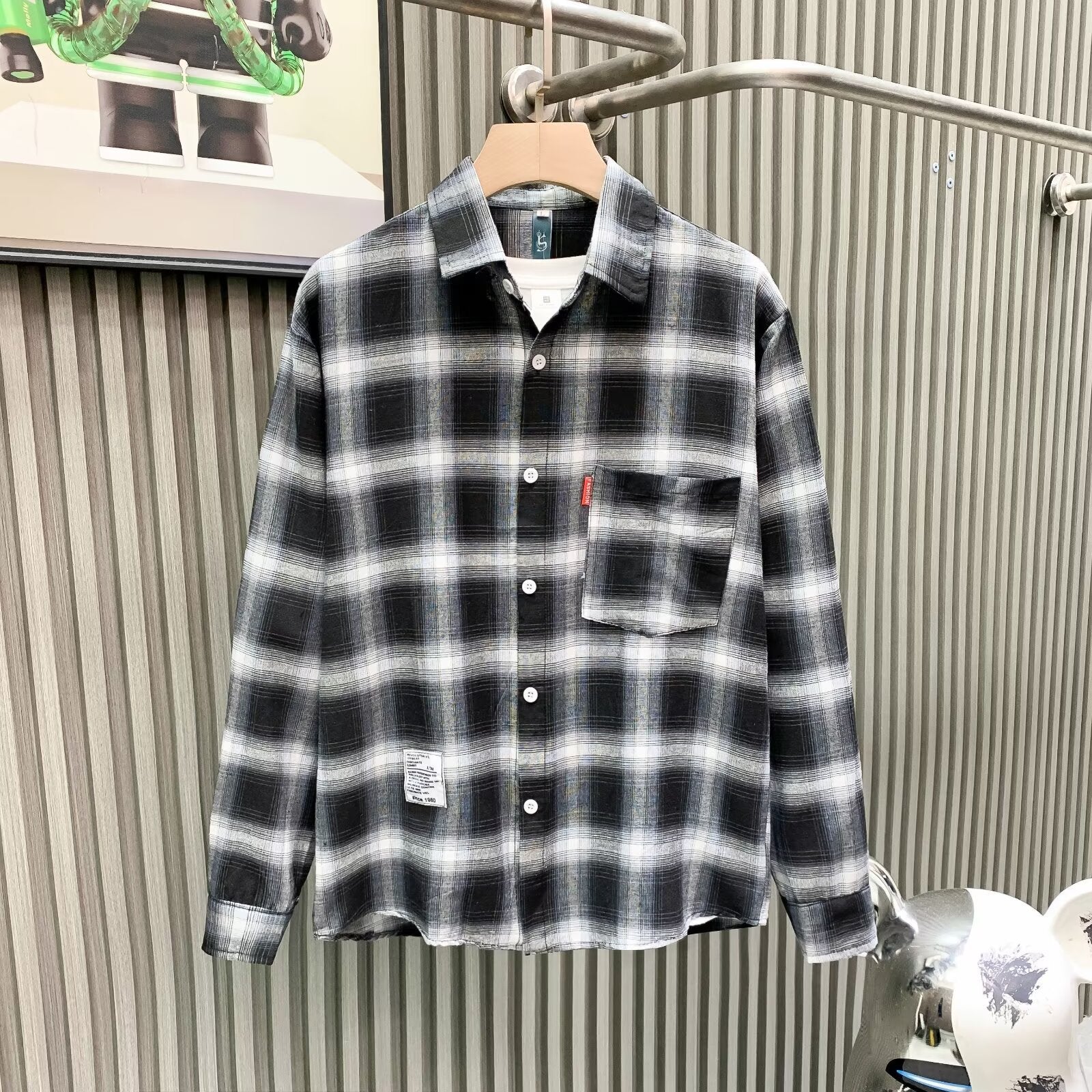Letter printed plaid shirt men's spring and summer fast hand online celebrity same slim-fit long sleeve shirt thin coat fashion.          M.Esk