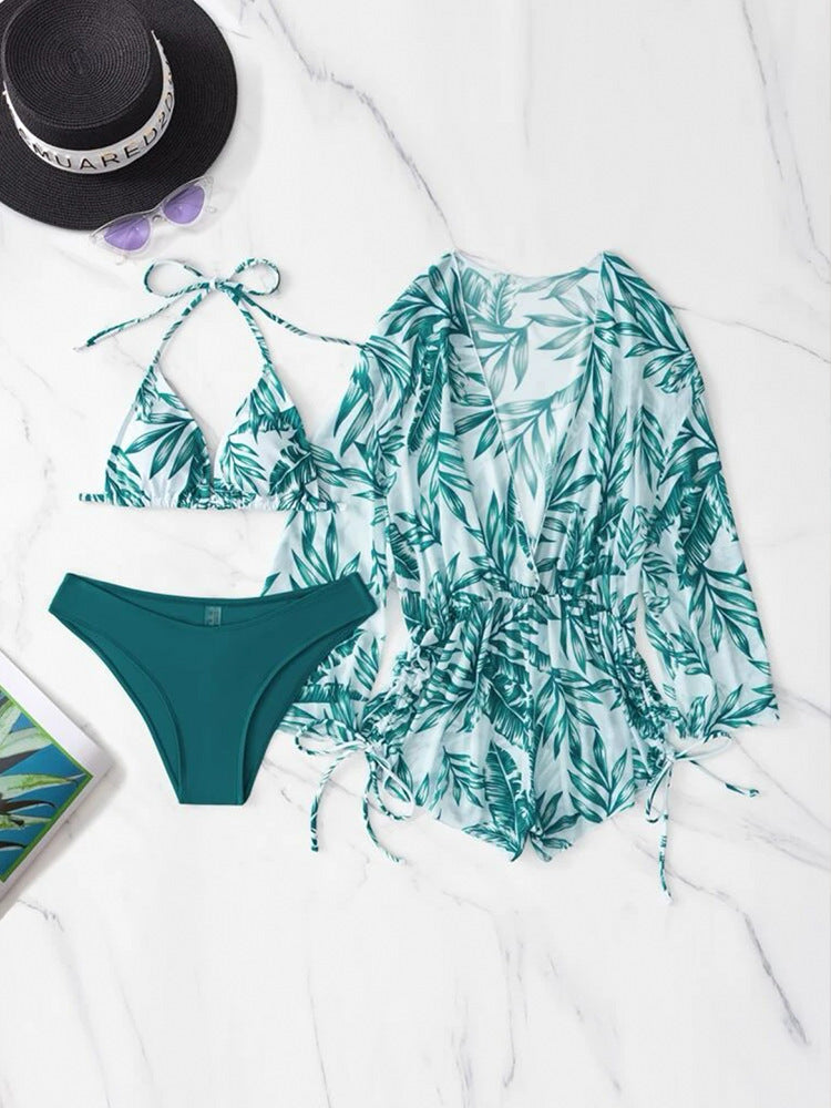 2026 New European and American Amazon Cross-border Three-piece Bikini Beach Sunscreen Printed Drawstring Blouse Swimwear for Women.           M.Esk
