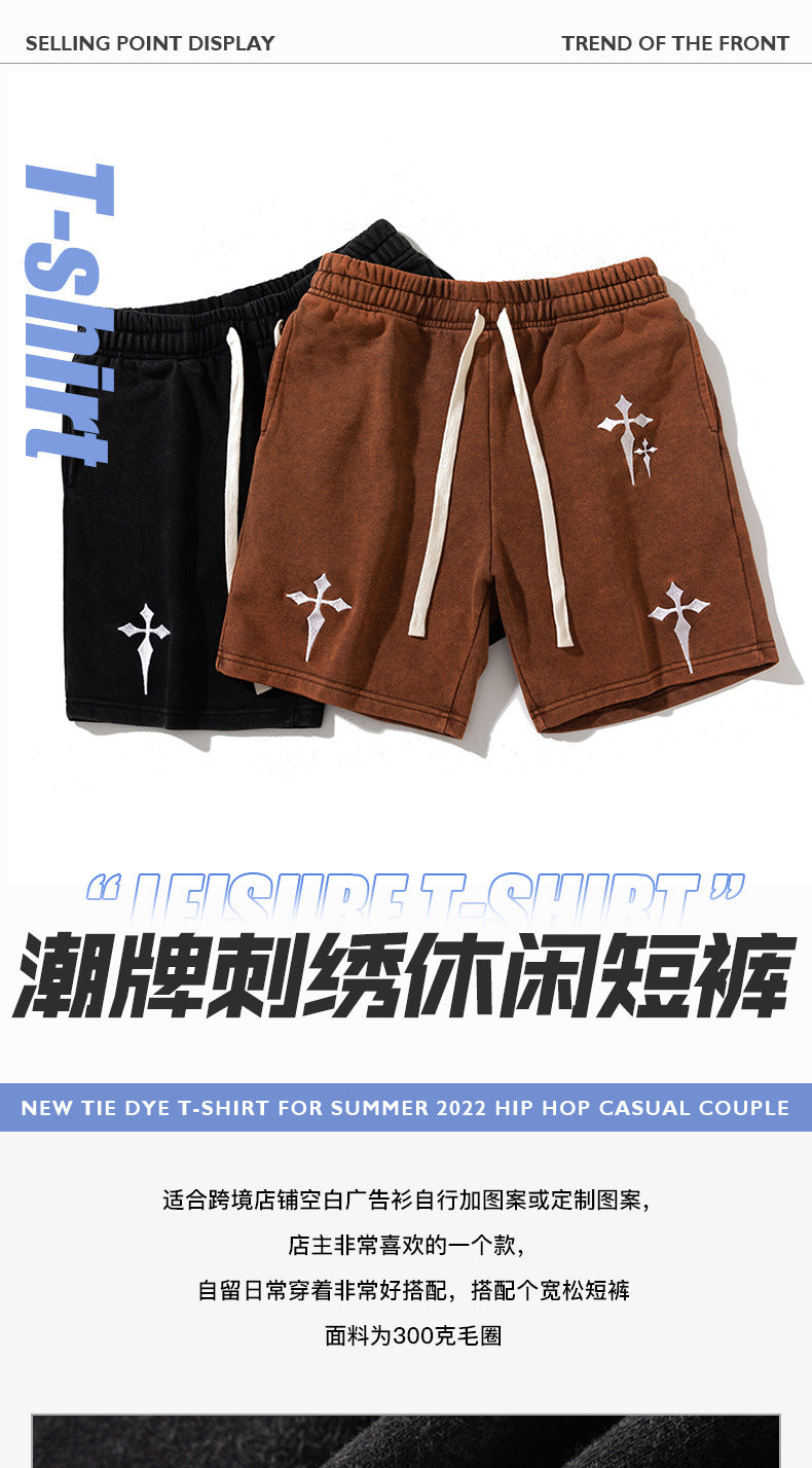 Hot-Selling Hit! 2026 Summer Trendy Brand Embroidered Cross Washed Vintage Casual Shorts Unisex Loose Fit Sports Shorts.         M.Esk