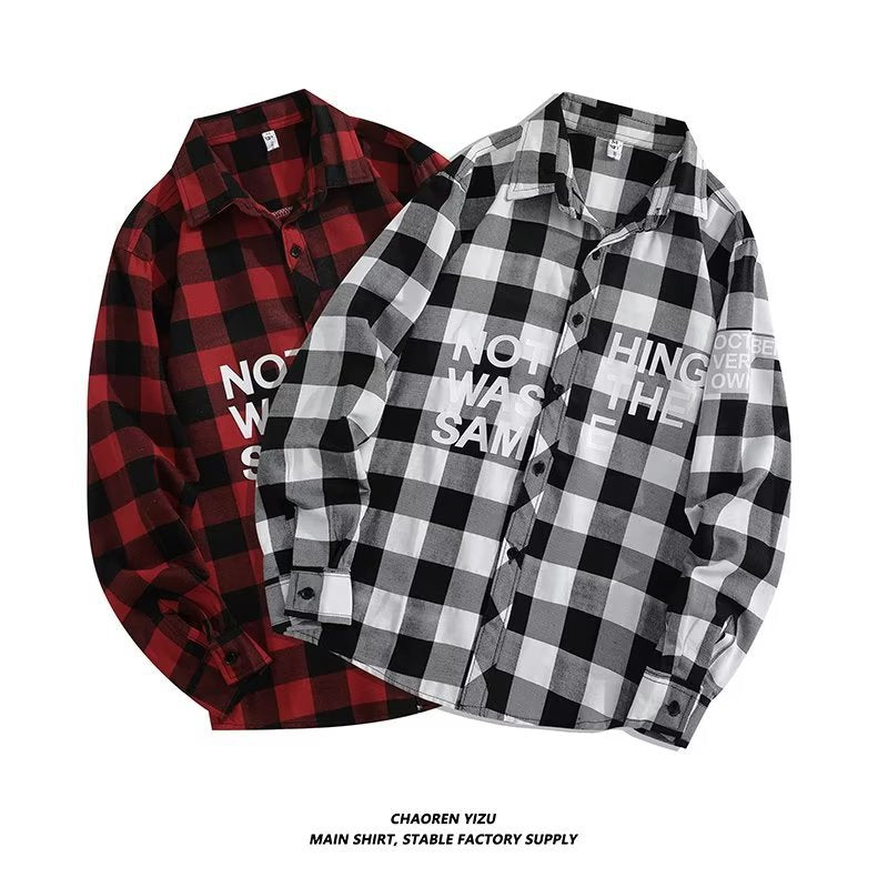Letter printed plaid shirt men's spring and summer fast hand online celebrity same slim-fit long sleeve shirt thin coat fashion.          M.Esk