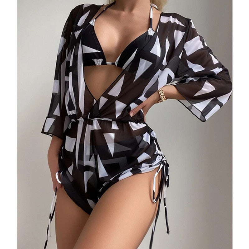 2026 New European and American Amazon Cross-border Three-piece Bikini Beach Sunscreen Printed Drawstring Blouse Swimwear for Women.           M.Esk