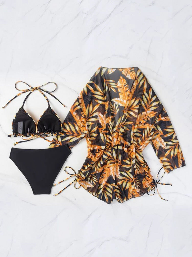 2026 New European and American Amazon Cross-border Three-piece Bikini Beach Sunscreen Printed Drawstring Blouse Swimwear for Women.           M.Esk