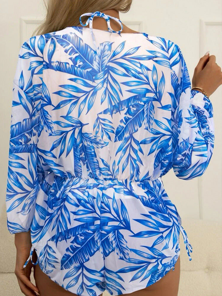 2026 New European and American Amazon Cross-border Three-piece Bikini Beach Sunscreen Printed Drawstring Blouse Swimwear for Women.           M.Esk