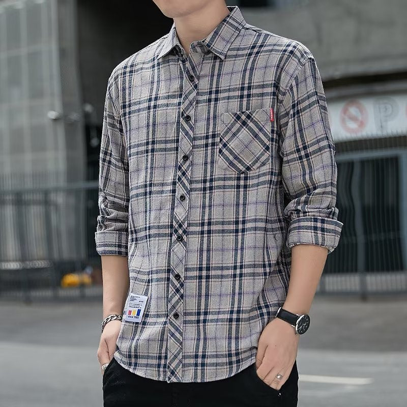 Men's Plaid Shirt Early Autumn Top Trendy All-match Long-sleeved Shirt Spring and Autumn Hong Kong Style Japanese Style Duffy Handsome Men's Jacket.       M.Esk