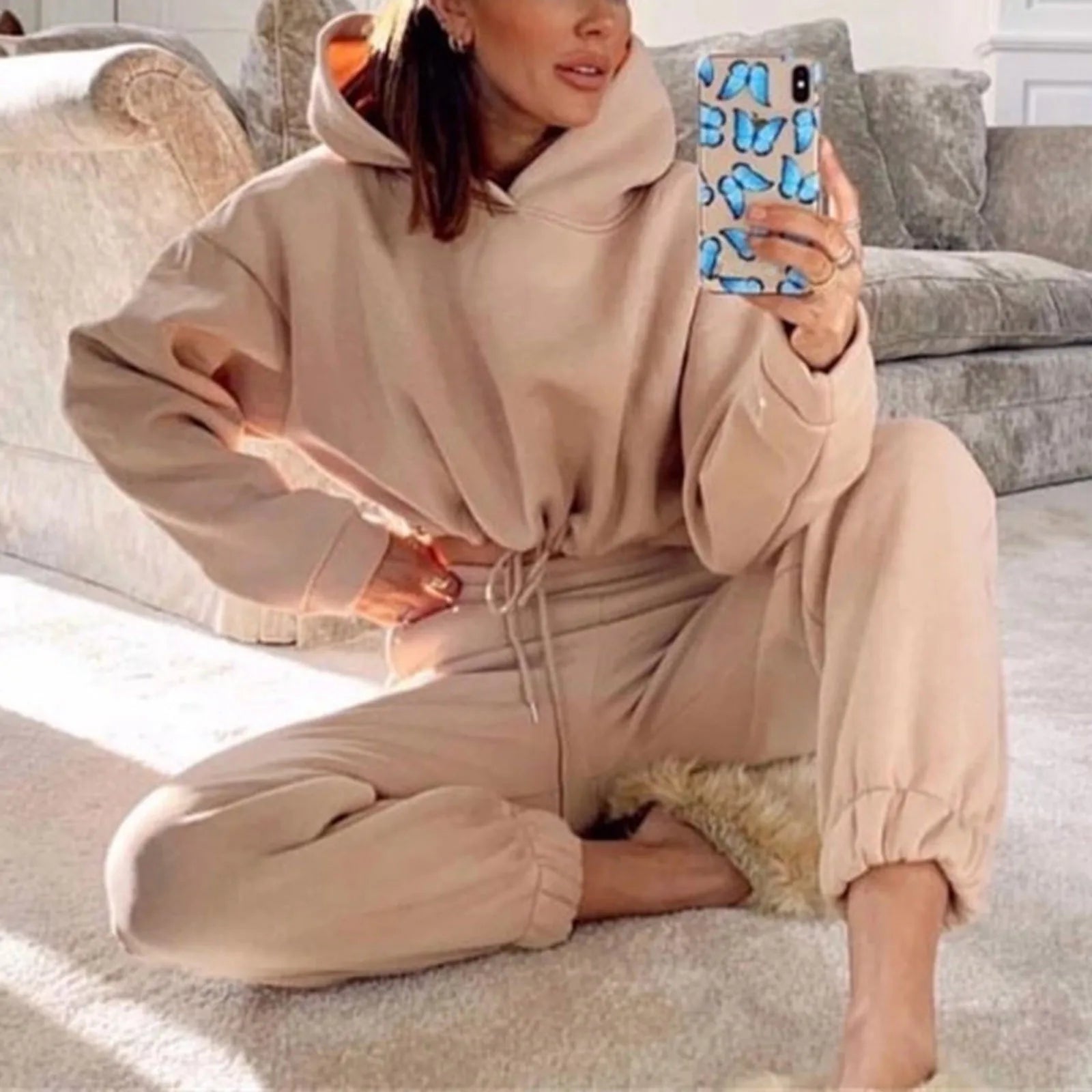 Winter Tracksuit Women Two Piece Set - Oversized Hoodie Sweatpants Solid Color Sportswear Suit |Casual Sweatshirt Trouser Set.                                                          M.Esk