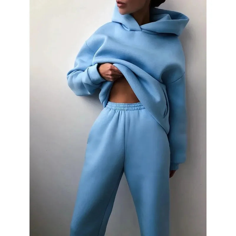 Two-Piece Oversized Tracksuit for Women, Warm Hoodie Sweatshirts,Long Pant Sets, Casual Hoodie, Monochromatic Pullovers, Winter.                                    M.Esk