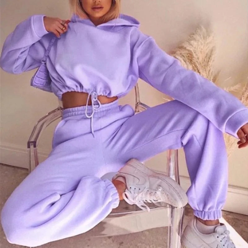 Winter Tracksuit Women Two Piece Set - Oversized Hoodie Sweatpants Solid Color Sportswear Suit |Casual Sweatshirt Trouser Set.                          M.Esk