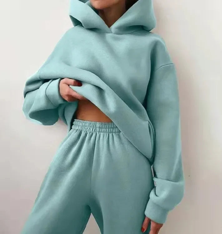 Two-Piece Oversized Tracksuit for Women, Warm Hoodie Sweatshirts,Long Pant Sets, Casual Hoodie, Monochromatic Pullovers, Winter.                                    M.Esk