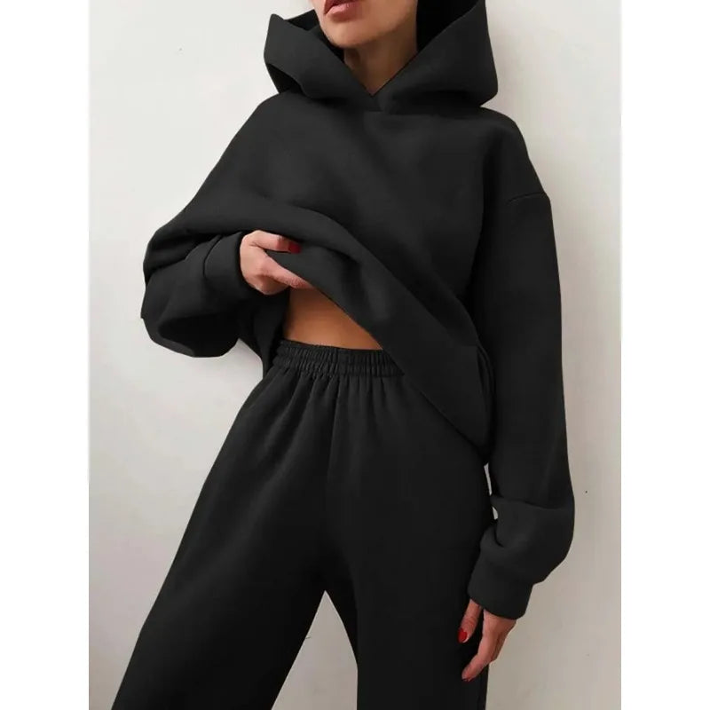 Two-Piece Oversized Tracksuit for Women, Warm Hoodie Sweatshirts,Long Pant Sets, Casual Hoodie, Monochromatic Pullovers, Winter.                                    M.Esk