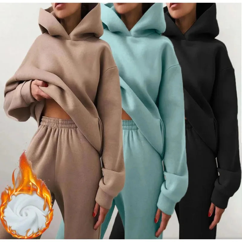 Two-Piece Oversized Tracksuit for Women, Warm Hoodie Sweatshirts,Long Pant Sets, Casual Hoodie, Monochromatic Pullovers, Winter.                                    M.Esk